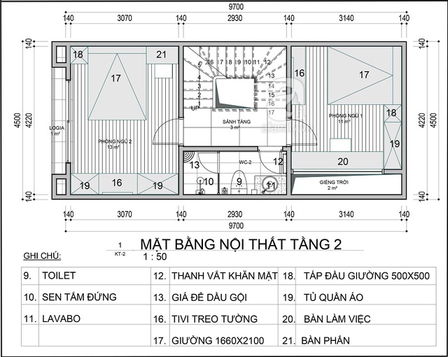 Mặt bằng bố trí nội thất tầng 2.