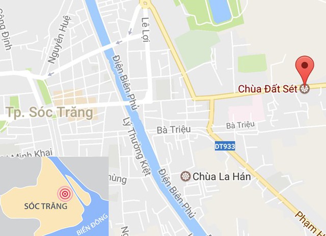 Ngôi nhà phát hiện thi thể bốc mùi hôi cách chùa Đất Sét ở Sóc Trăng khoảng 300 m. Ảnh: Google Maps.