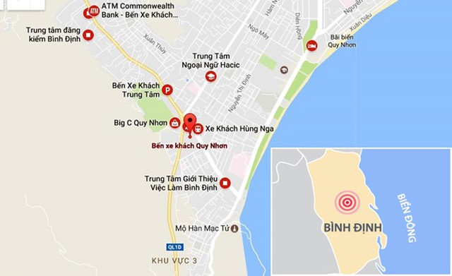 Bến xe khách Quy Nhơn, nơi cô gái chết bất thường trong nhà vệ sinh. Ảnh: Google Maps.