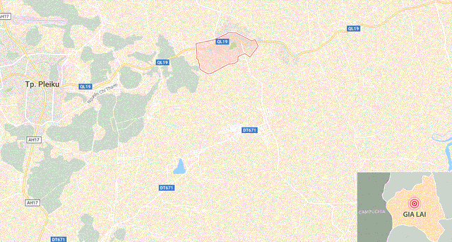 Thị trấn Đắk Đoa (màu hồng) nơi xảy ra sự việc. Ảnh: Google Maps.