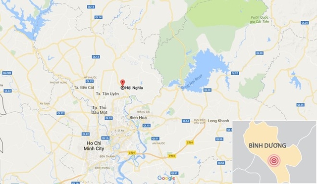
Ông Ngọc bị bắt tại xã Hội Nghĩa, thị xã Tân Uyên, Bình Dương. Đồ họa: Thiên Sơn - Google Maps.

