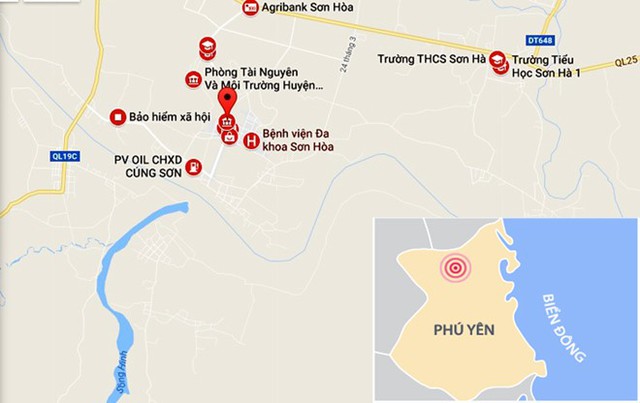 
Huyện Sơn Hòa- nơi xảy ra vụ việc. Ảnh: Google Maps.
