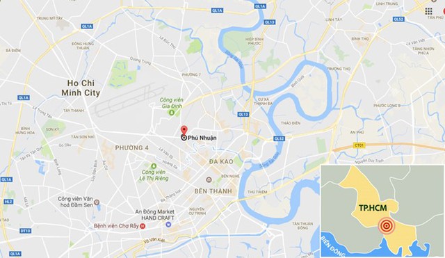 
B&agrave; Thủy bị c&ocirc;ng an bắt giữ khi đang lẩn trốn ở quận Ph&uacute; Nhuận, TP.HCM. Ảnh: Google Maps.
