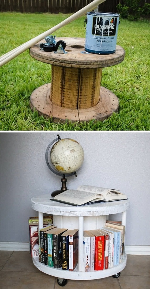 2. Chiếc trống gỗ cỡ lớn đ&atilde; hỏng sẽ l&agrave; chiếc kệ để s&aacute;ch tuyệt vời bằng c&aacute;ch chỉ cần đ&oacute;ng th&ecirc;m v&agrave;i thanh gỗ để giữ s&aacute;ch. Thậm ch&iacute; bạn c&oacute; thể đặt th&ecirc;m một v&agrave;i m&oacute;n đồ trang tr&iacute; l&ecirc;n tr&ecirc;n mặt kệ hoặc tận dụng n&oacute; l&agrave;m chỗ ngồi đọc s&aacute;ch lu&ocirc;n cũng được.