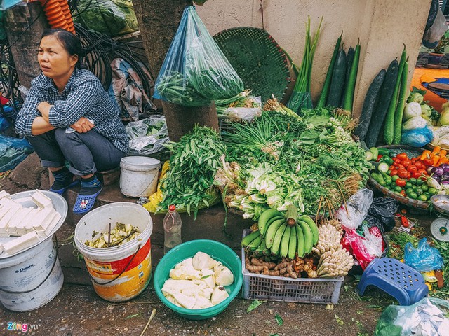 Người buôn bán có thể tận dụng bất kể vị trí nào trên vỉa hè, ven đường bày đặt hàng. Có người xếp rau củ xung quanh vỉa hè, gốc cây.