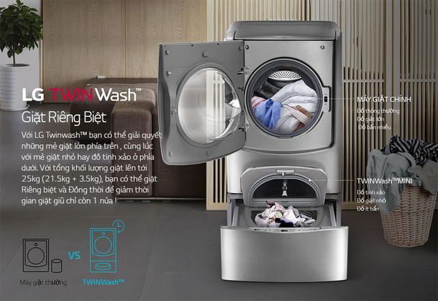 TWINWash với cấu tạo 2 lồng giặt giúp các bà nội trợ “xử lý” dễ dàng 2 mẻ giặt cùng lúc