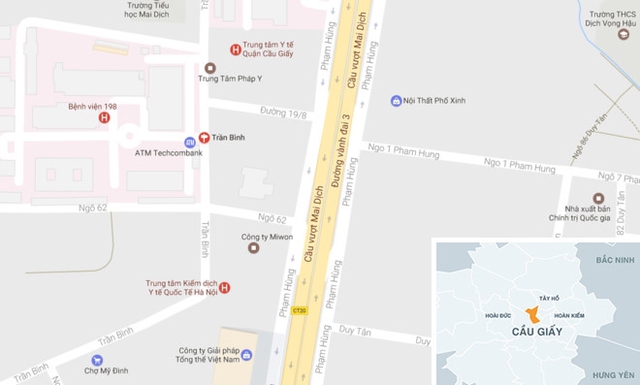 
Hiện trường vụ việc tại khu trọ bên đường Trần Bình, quận Cầu Giấy. Ảnh: Google Maps.
