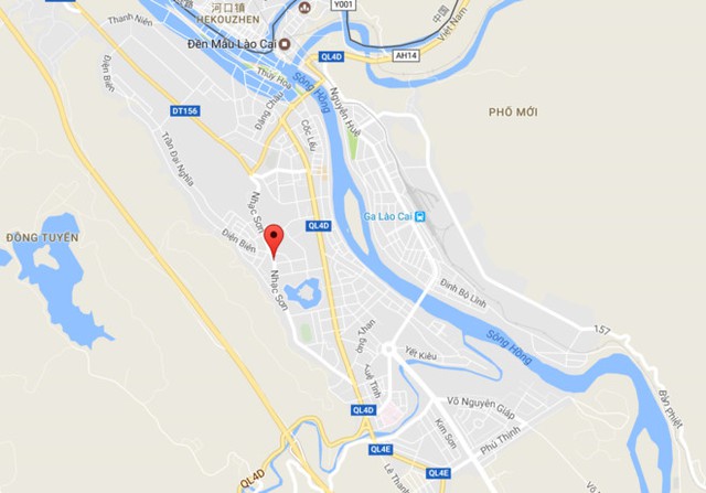 
Phố Nhạc Sơn (chấm đỏ - nơi xảy ra vụ ch&aacute;y) nằm ở trung t&acirc;m TP L&agrave;o Cai. Ảnh: Google Maps.

