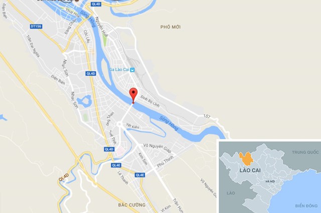Cầu Phố Mới bắc qua s&ocirc;ng Hồng, đoạn chảy qua TP L&agrave;o Cai. Ảnh: Google Maps.