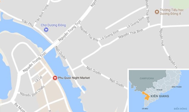Chợ đêm Phú Quốc (chấm đỏ). Ảnh: Google Maps.