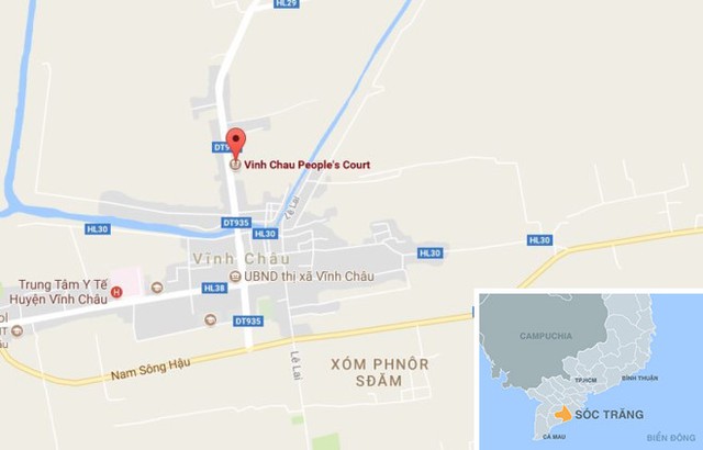 
TAND thị xã Vĩnh Châu (chấm đỏ). Ảnh: Google Maps.
