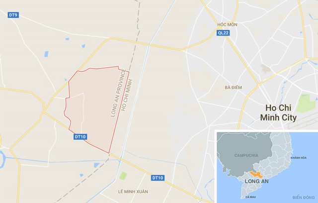 Xã Đức Hòa Đông (màu đỏ), huyện Đức Hòa, tỉnh Long An , nơi xảy ra sự việc đau lòng. Ảnh: Google Maps.