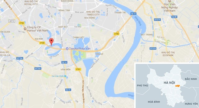 
Hồ Linh Đ&agrave;m (chấm đỏ) nằm tr&ecirc;n địa v&agrave;n quận Ho&agrave;ng Mai nơi xảy ra vụ việc. Ảnh: Google Maps.
