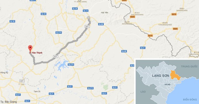 
Xã Yên Thịnh (chấm đỏ) nơi xảy ra vụ việc cách TP Lạng Sơn khoảng 70 km. Ảnh: Google Maps.
