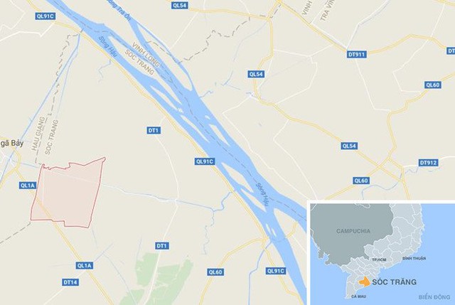 Xã Đại Hải (màu đỏ) ở Sóc Trăng. Ảnh: Google Maps.
