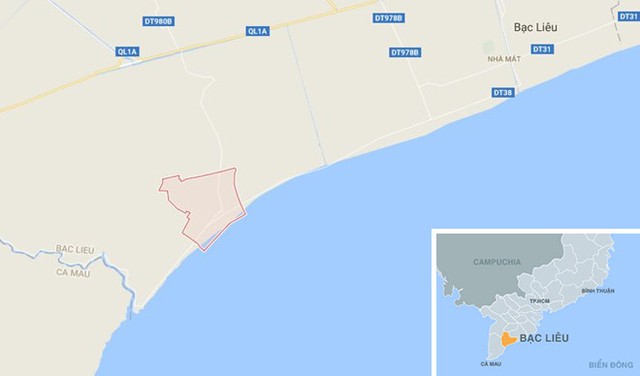 
X&atilde; Điền Hải (m&agrave;u đỏ) ở Bạc Li&ecirc;u. Ảnh: Google Maps.
