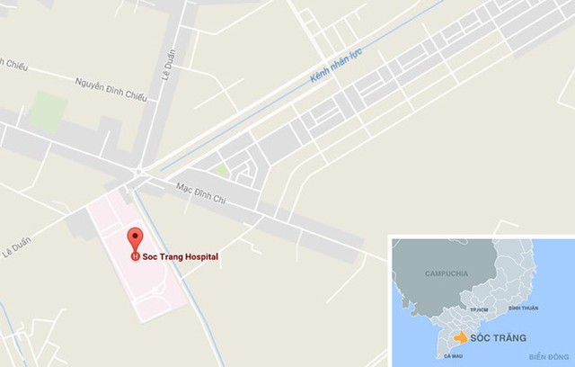 
Bệnh viện S&oacute;c Trăng (chấm đỏ) ở TP S&oacute;c Trăng. Ảnh: Việt Tường.

