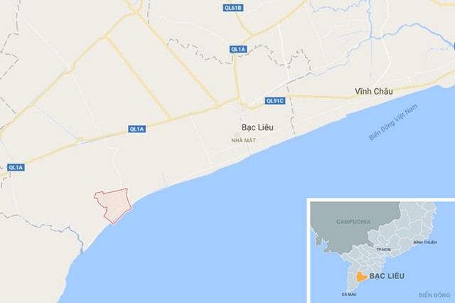 
X&atilde; Điền Hải (m&agrave;u đỏ) ở Bạc Li&ecirc;u. Ảnh: Google Maps.
