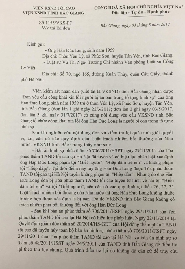 
Thông báo của VKSND tỉnh Bắc Giang trả lời đơn yêu cầu xin lỗi công khai của ông Long
