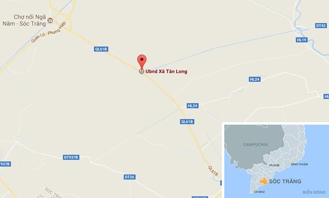 
Xã Tân Long (chấm đỏ) ở Sóc Trăng. Ảnh: Google Maps.
