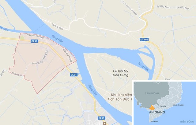 
Thị trấn An Châu (màu đỏ) ở An Giang. Ảnh: Google Maps.
