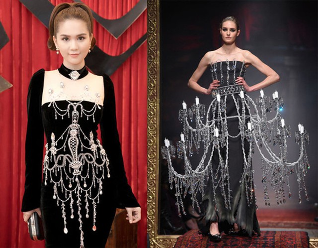 Mẫu đầm đen nhung của Ngọc Trinh cũng bị nghi lấy cảm hứng từ thiết kế của Moschino. Dễ d&agrave;ng thấy chiếc đ&egrave;n ch&ugrave;m được in tr&ecirc;n trang phục của Ngọc Trinh, c&ograve;n nh&agrave; mốt Italy lại lồng gh&eacute;p ch&uacute;ng b&ecirc;n ngo&agrave;i. Vậy phải chăng đ&acirc;y l&agrave; phi&ecirc;n bản 2D của sản phẩm n&agrave;y?