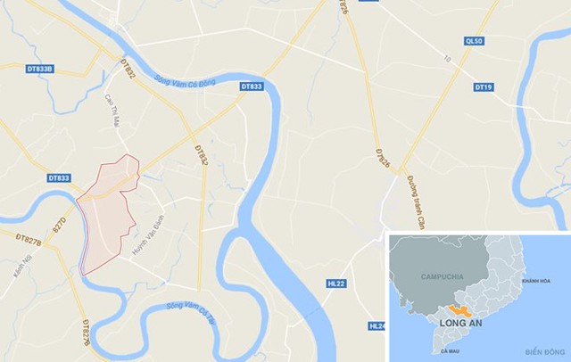 
Thị trấn Tân Trụ (màu đỏ) ở Long An. Ảnh: Google Maps.
