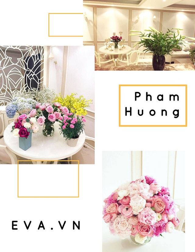 Yêu hoa, yêu cái đẹp, nên mỗi góc nhà của Phạm Hương đều ngập tràn sắc hoa. HHHV Việt Nam 2015 thường chọn cắm kết hợp những loại hoa có tông màu nhẹ hoặc cắm riêng những loại hoa có màu rực rỡ. Màu sơn trắng hiện đại trong căn hộ mà cô đang ở là lớp nền sang trọng và đẹp nhất để tôn lên vẻ đẹp của mỗi bình hoa.