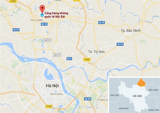 Sân bay Nội Bài (chấm đỏ). Ảnh: Google Maps.