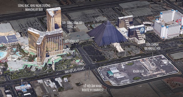 
Sơ đồ hiện trường vụ xả súng ở Las Vegas và vị trí đứng của tay súng. Đồ họa: New York Times.
