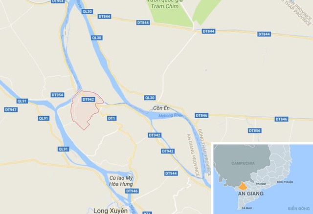
Xã Kiến An (màu đỏ) ở An Giang. Ảnh: Google Maps.
