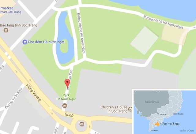 
Kênh Cầu Xéo (chấm đỏ) ở Sóc Trăng. Ảnh: Google Maps.
