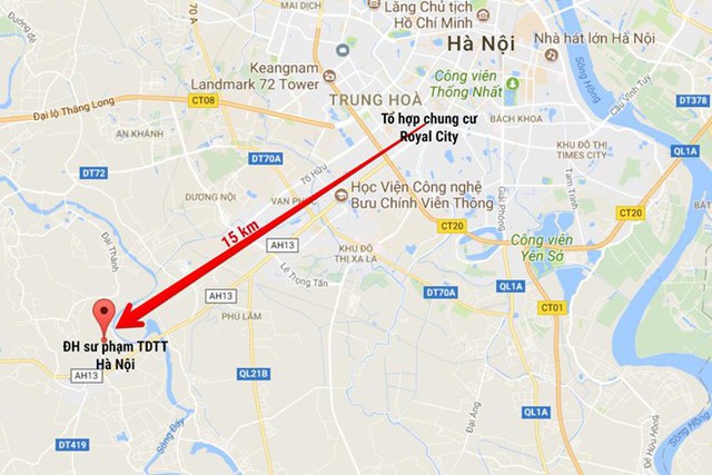 
Từ địa điểm gây án đến địa điểm Tùng bị công an bắt cách nhau khoảng 15 km. Ảnh: Google Map
