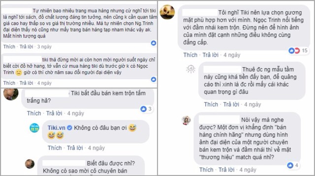 B&igrave;nh luận phản đối được đăng ở nhiều bức ảnh của Ngọc Trinh tr&ecirc;n fanpage Tiki.vn.