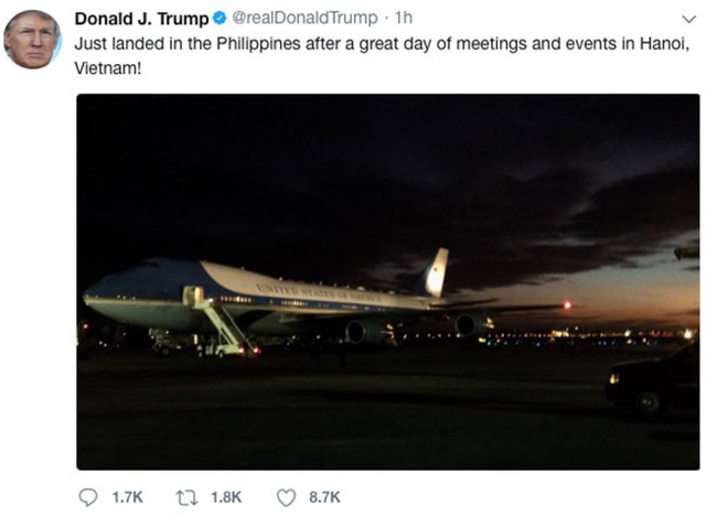 
Máy bay của tổng thống Mỹ hạ cánh ở sân bay Phillipines chiều tối nay, 12/11.
