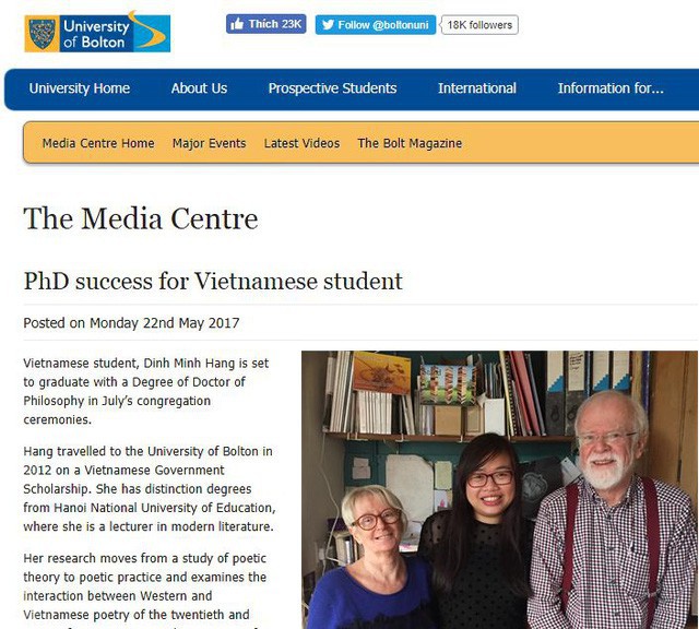 Tờ báo của Đại học Bolton viết chân dung TS. Đinh Minh Hằng như một nghiên cứu sinh quốc tế xuất sắc và giàu đam mê tại trường.