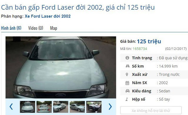 Chiếc Ford Laser đời 2002 đang được rao bán 125 triệu đồng trên chợ ô tô cũ. Theo giới thiệu của người bán, xe được gìn giữ cẩn thận nên khách mua có thể lăn bánh luôn.