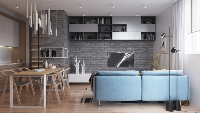 
11. Phòng khách thiết kế theo phong cách Scandinavian với tường gạch hoàn hảo, ánh sáng màu xám tạo ra một cảm giác mơ màng bên cạnh chiếc ghế màu xanh.
