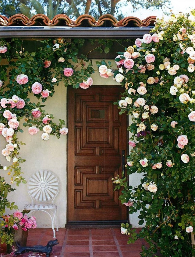 Cánh cửa gỗ mộc đơn sơ chẳng còn đơn điệu khi được canh gác bằng những chùm hồng phấn dịu dàng với hương thơm thanh thoát.