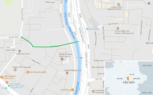 M&agrave;u xanh - đoạn đường dự kiến đặt t&ecirc;n nh&agrave; tư sản Trịnh Văn B&ocirc;. Ảnh: Google Maps.