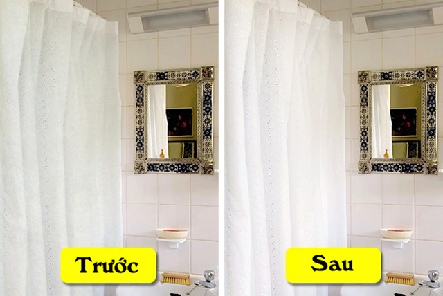 Giặt rèm trong nhà tắm ngay sau khi mua về bằng nước muối, rèm sẽ không bao giờ bị ố vàng.
