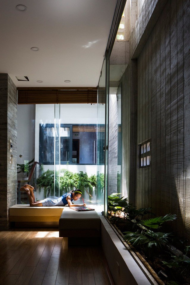 Thay vì tường gỗ hay kim loại bí bách, gia chủ chọn sử dụng tường kính để nhà thêm sáng hơn.