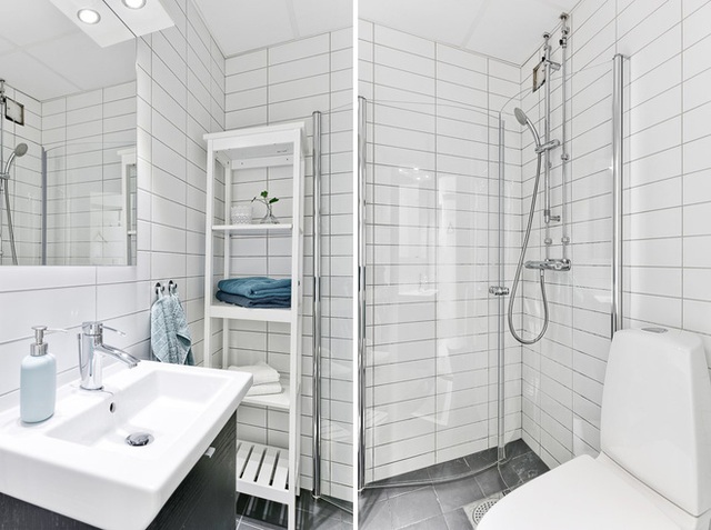 Khu phòng tắm nhỏ gọn với khu tắm bằng vách kính có thể gấp gọn sau khi dùng, đảm bảo sự gọn gàng cho không gian.