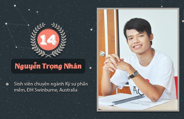 Nguyễn Trọng Nhân vô địch năm thứ 14, học tại ĐH Kỹ thuật Swinburne, chuyên ngành Kỹ sư phần mềm từ năm 2015. Khi du học, Trọng Nhân cho biết các cựu thành viên trong gia đình Olympia đã giúp đỡ cậu rất nhiều, từ việc tìm cửa hàng, cách đi lại, văn hóa ứng xử, cũng như việc học tập tại trường. Trọng Nhân bật mí ĐH Kỹ thuật Swinburne có môi trường học tập hiện đại. Thời gian biểu rất linh hoạt, sinh viên lựa chọn lớp học theo nguyện vọng cá nhân.