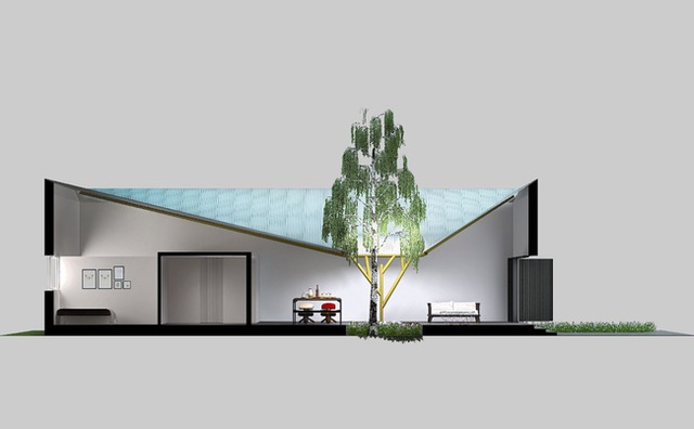 Mặt cắt dọc thể hiện ý tưởng trái tim của ngôi nhà là một vườn cây với tâm điểm là một thân cây xanh lớn.
