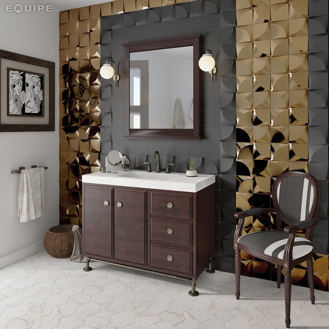 Sự kết hợp giữa gạch ốp 3D đen và màu đồng bóng loáng mang đến vẻ đẹp sang trọng, tinh tế đầy mê hoặc cho căn phòng.
