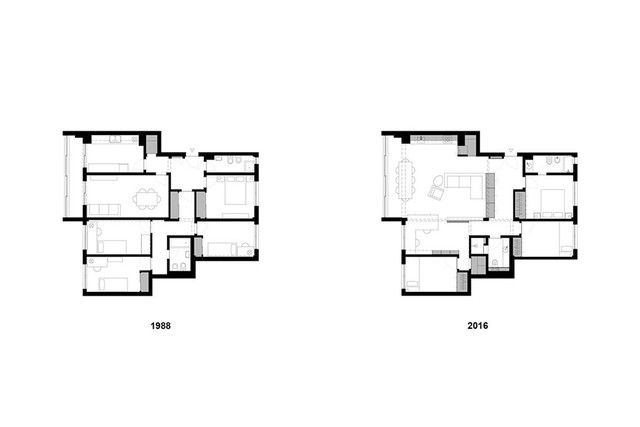 Mặt bằng trước và sau khi cải tạo của căn hộ 115 m2.