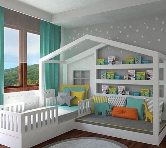 Giường g&aacute;c m&aacute;i kết hợp với kệ đựng đồ tăng th&ecirc;m sự tiện nghi v&agrave; tiện lợi khi sử dụng.