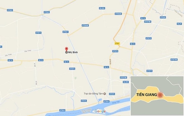 Tai nạn xảy ra trên quốc lộ 1A, cách UBND xã Nhị Bình, huyện Châu Thành (Tiền Giang) 150 m. Ảnh:Google Maps.