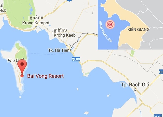 Bãi Vòng gần bến tàu cao tốc Rạch Giá - Phú Quốc, cách trung tâm thị trấn Dương Đông khoảng 12 km. Ảnh: Google Maps.